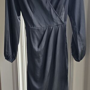 Black V-Neck Wrap Dress with Pleated Bishop Sleeves